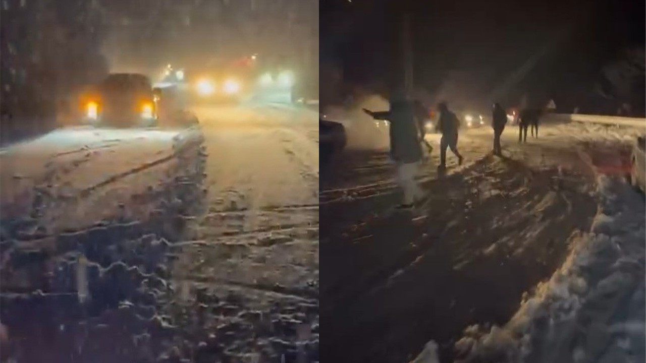 Kar yolu kapattı! Onlarca araç mahsur kaldı