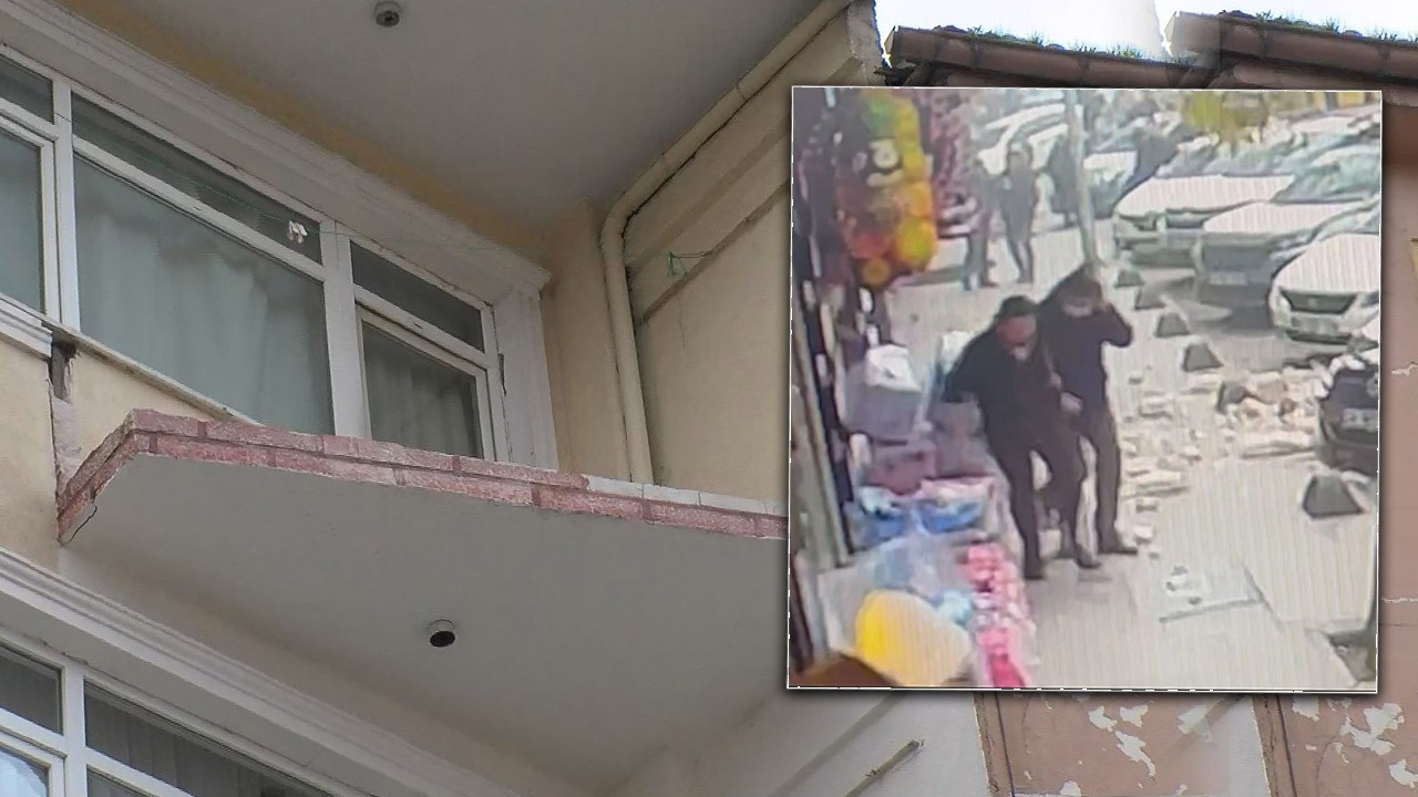 Güngören'de facianın eşiğinden dönüldü! Binadan dökülen beton yola düştü: Yayalar son anda kurtuldu