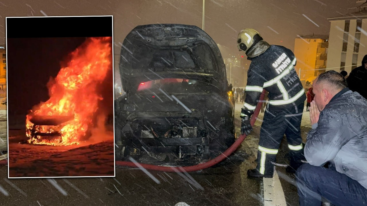 Kar yolunda can pazarı! Rampa çıkarken otomobil alev topuna döndü: Baba ve çocuk son anda kurtuldu