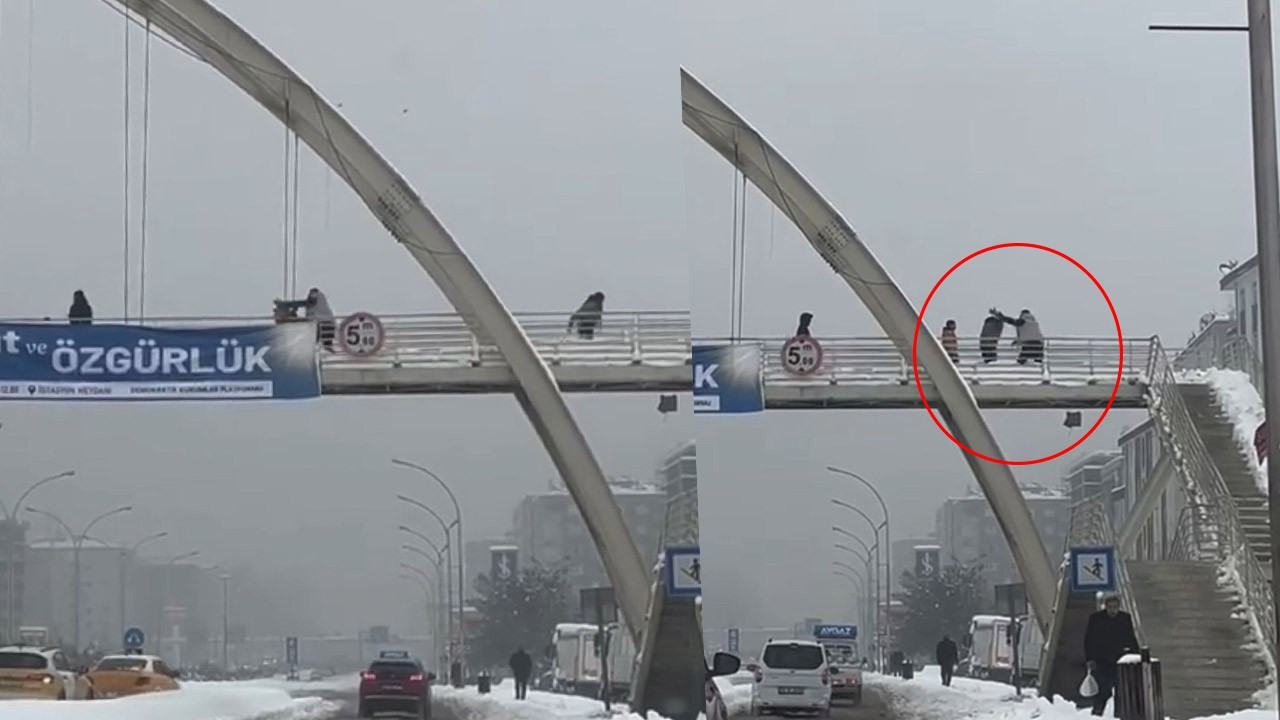 Üst geçitte dehşet anları! Çocukları öldüresiye dövdü!