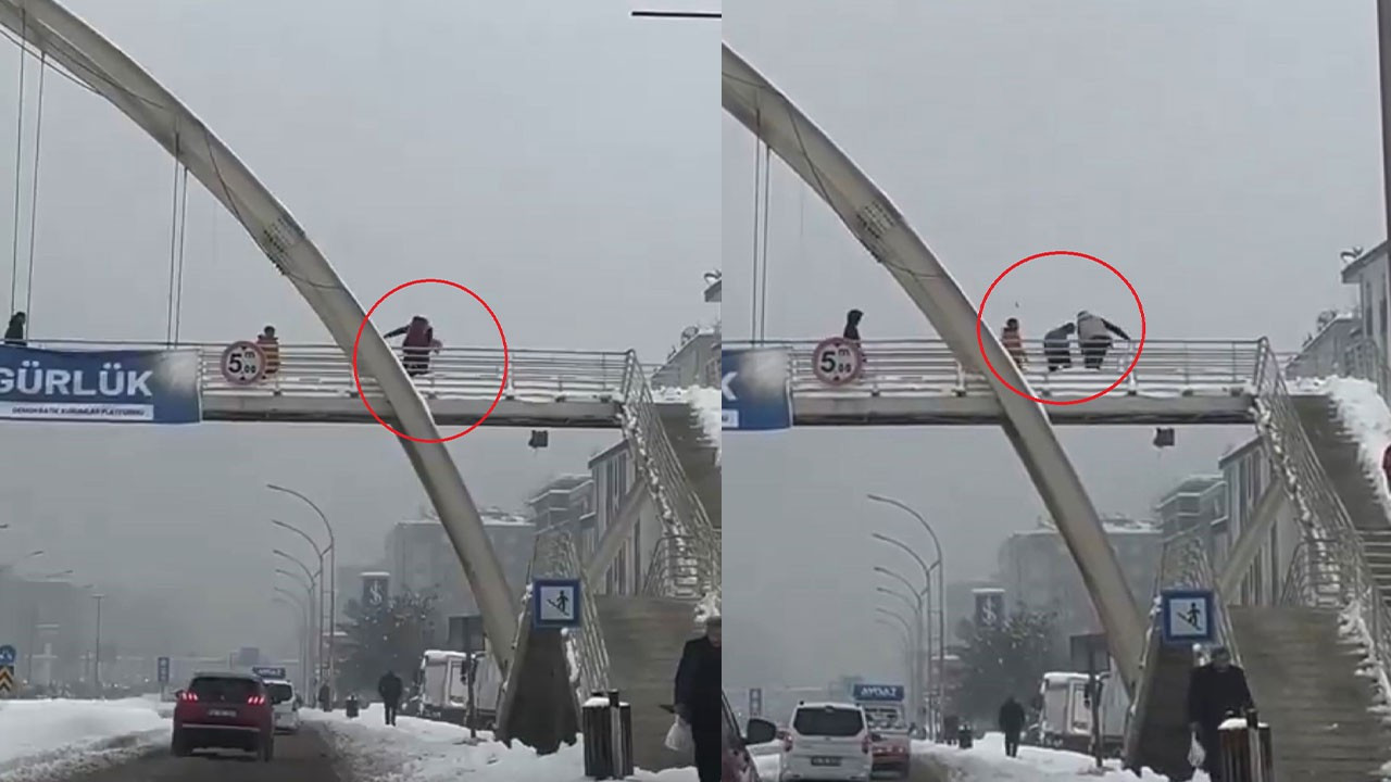 Üst geçitte kar eğlencesi şiddetle bitti! Çocukları yumruklayıp, yerde tekmeledi