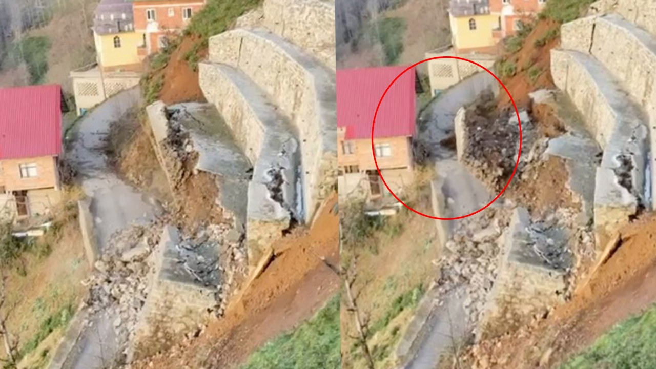 Rize’de faciaya ramak kala! Heyelanda istinat duvarı çöktü: O anlar kamerada
