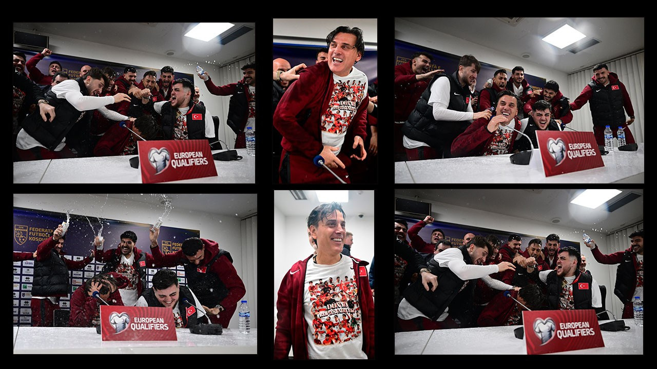 Coşku tavan yaptı! Milli futbolculardan Montella’ya basın toplantısında sulu baskın!