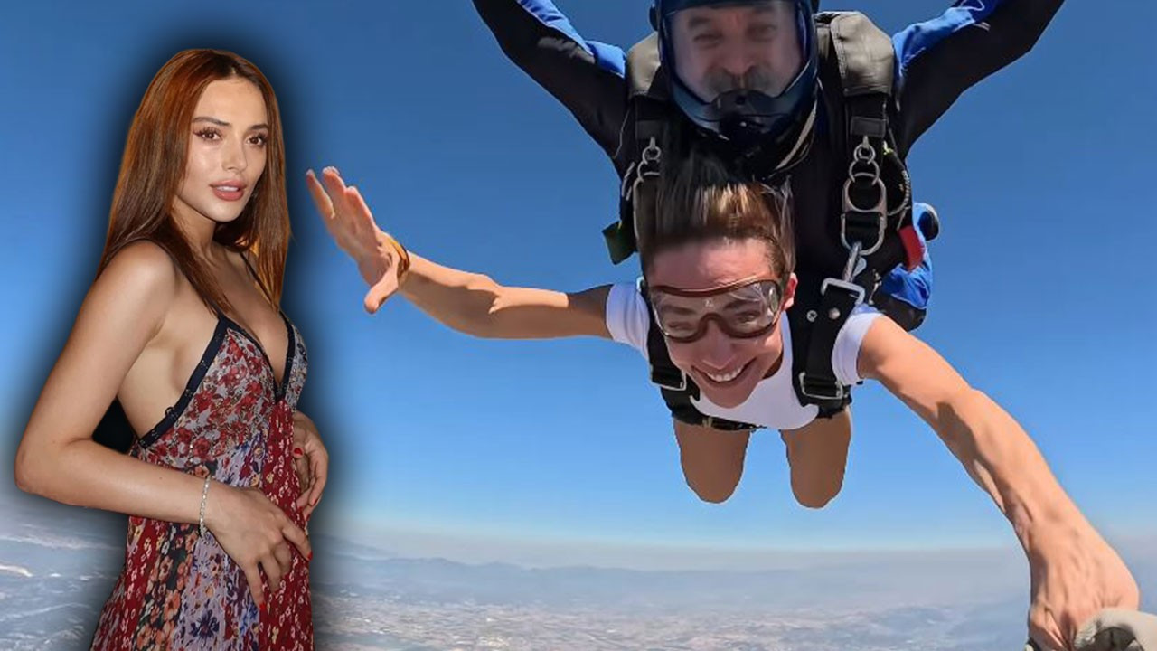 Rabia Soytürk paraşütle atladı! Ünlü oyuncunun adrenalin dolu anları olay oldu