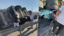 Beton mikseri otomobilin üzerine devrildi