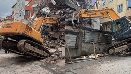 Maltepe'de tedirgin eden görüntü: Yıkım çalışması sırasında molozlar iş makinesinin üzerine düştü