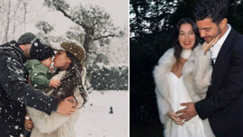 Kaan Yıldırım ile Pınar Deniz'in kar sevinci! Minik oğulları Fikret Hakan'la çocuklar gibi eğlendiler