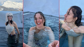 Pelin Akil dondurucu soğuğa meydan okudu! Karlı havada buz gibi suya girdi