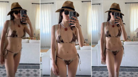 Hazar Ergüçlü'den cesur tatil paylaşımı! Leopar desenli bikinisiyle mest etti