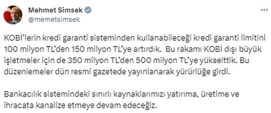 Yatırım ve ihracat vurgusu dikkat çekti! Bakan Şimşek'ten KOBİ'lerin kredi garanti limitinin yükselmesine ilk yorum - Resim : 1