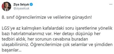 Bakan Selçuk'tan flaş LGS paylaşımı! - Resim : 1