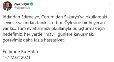 Milli Eğitim Bakanı Ziya Selçuk'tan flaş yüz yüze eğitim paylaşımı! - Resim : 1