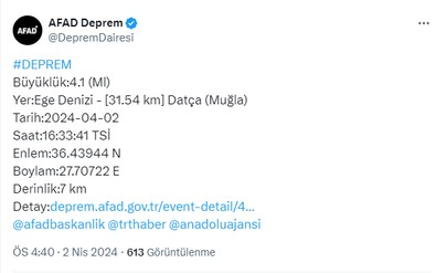 AFAD açıkladı: Muğla'nın Datça ilçesinde 4.1 büyüklüğünde deprem! - Resim : 1