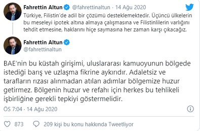 İsrail ile BAE anlaşmasına Cumhutbaşkanlığı'ndan tepki - Resim : 1