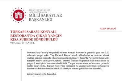 Topkapı Sarayı'nın içindeki tarihi restoranda yangın! Milli Saraylar Başkanlığı'ndan açıklama - Resim : 1