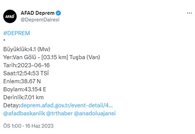 AFAD duyurdu: Van Gölü'nde 4,1 büyüklüğünde deprem - Resim : 1