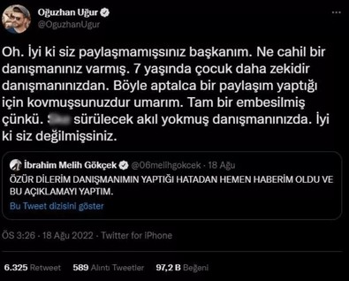 Melih Gökçek'in özür paylaşımına Oğuzhan Uğur'dan bomba yanıt! Ağzını bozdu! Olay sözler - Resim : 1