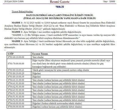 Elektrikli araç ithalatına düzenleme: O şartı yerine getirmek zorundalar! Resmi Gazete'de yayımlandı - Resim : 1