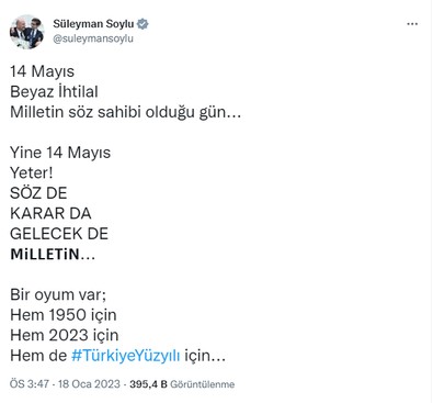 İçişleri Bakanı Soylu'dan "14 Mayıs" paylaşımı: Bir oyum var, hem 1950 için hem 2023 için hem de Türkiye Yüzyılı için - Resim : 1