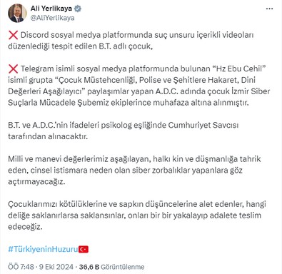 Bakan Yerlikaya duyurdu: O paylaşımlar mercek altına alındı! Discord ve Telegram’daki 2 çocuk gözaltına alındı! - Resim : 1