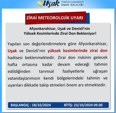 Uşak Valiliği'nden önemli açıklama! Yüksek kesimlerde zirai don bekleniyor - Resim : 1