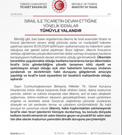 'İsrail ile ticaret devam ediyor' iddialarına Bakanlıktan yalanlama - Resim : 1