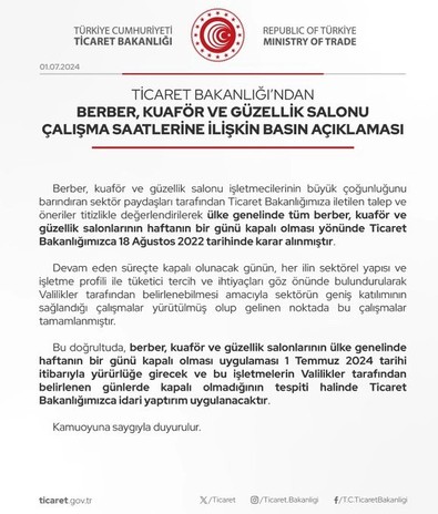 Ticaret Bakanlığı açıkladı! Berber, kuaför ve güzellik salonları için yeni karar: Valilikler belirleyecek - Resim : 1