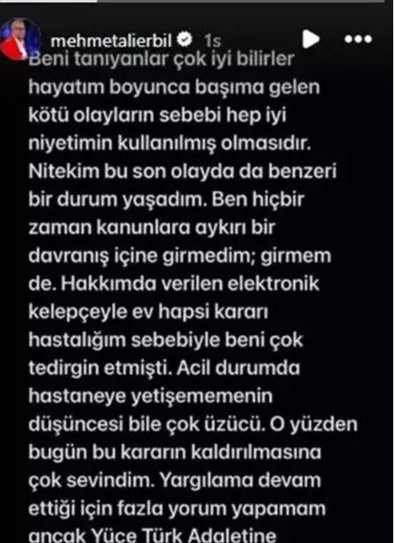 Ev hapsi kaldırılan Mehmet Ali Erbil'den ilk açıklama geldi! Olayın sorumlusu olarak ney gösterdi? - Resim : 1