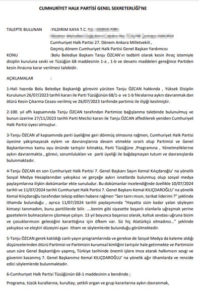 Eski CHP milletvekili Yıldırım Kaya harekete geçti! Tanju Özcan hakkında ihraç istemi - Resim : 1