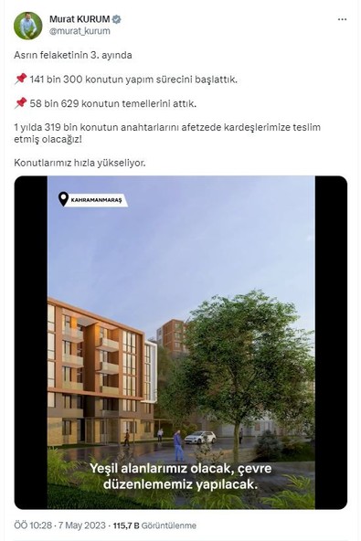Bakan Kurum'dan deprem paylaşımı: 141 bin 300 konutun yapım sürecini başlattık - Resim : 1