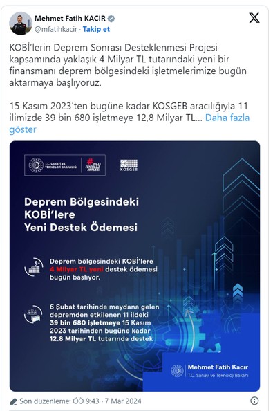 Deprem bölgesindeki KOBİ'lere destek ödemesi bugün başlıyor - Resim : 1
