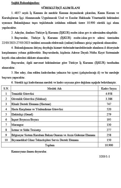 Sağlık Bakanlığı işçi alımı Resmi Gazete’de yayımlandı! İşte Sağlık Bakanlığı 10 bin 900 işçi alımı başvuru şartları, kadro dağılımı ve İŞKUR başvuru ekranı! - Resim : 1