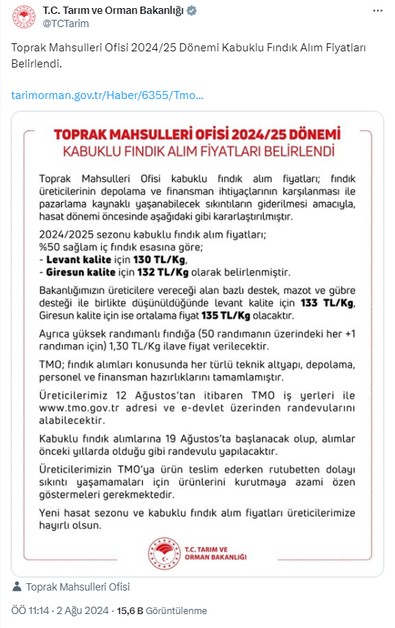 Fındık alım fiyatları belli oldu! Tarım ve Orman Bakanlığı açıkladı - Resim : 1