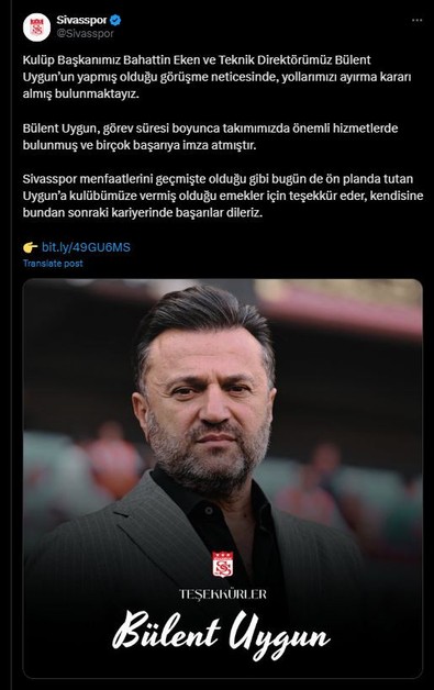 Sivasspor'da Bülent Uygun dönemi sona erdi - Resim : 1