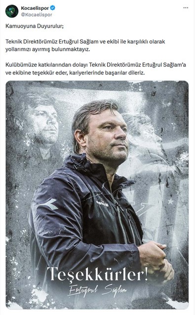 Kocaelispor ayrılığı resmen duyurdu! Ertuğrul Sağlam dönemi sona erdi - Resim : 1