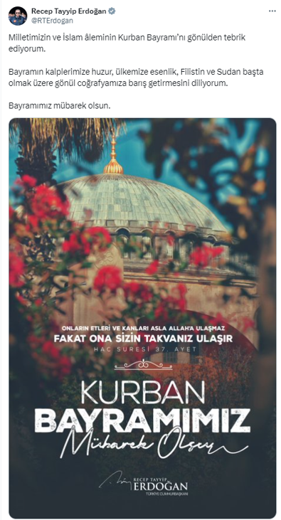 Cumhurbaşkanı Erdoğan'dan Kurban Bayramı paylaşımı: İslam aleminin Kurban Bayramı'nı gönülden tebrik ediyorum - Resim : 1