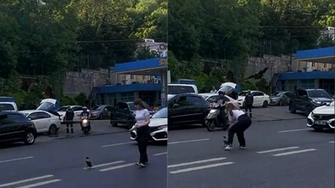 Kadın sürücü yaralı kargaya yardım etmek isterken saldırıya uğradı! İlginç anlar saniye saniye kayıt edildi