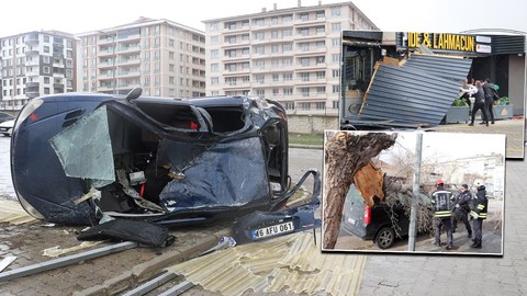 Erzurum'da fırtına! Ortalık savaş alanına döndü: Çatılar ve tabelalar uçtu, ağaçlar devrildi