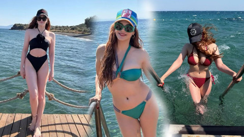 Mine Tugay'dan cesur tatil paylaşımı! Siyah mayokinili pozlarıyla sosyal medyayı yaktı geçti