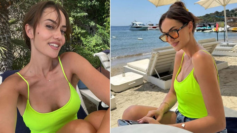 Fahriye Evcen'den yürek hoplatan tatil pozları! Neon yeşili mayosuyla sosyal medyayı salladı, fit vücudu dikkat çekti