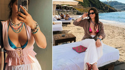 Derin Talu paylaşmalara doyamadı! Metalik pembe bikinisiyle pozlar verdi, plaj tarzına beğeni yağdı
