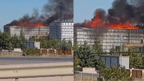 Yurt binası inşaatında korkutan yangın: 1 işçi mahsur kaldı