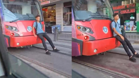 İstanbul'da tramvayın arkasına takılıp yolculuk yaptı! O anlar kamerada