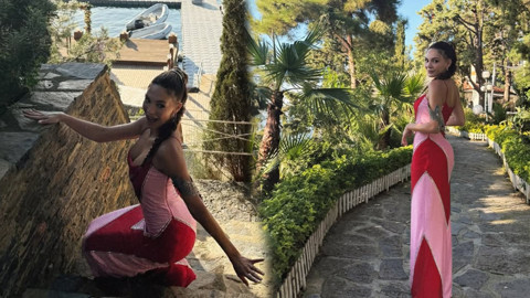 Ebru Şahin kırmızı pembe elbisesiyle göz kamaştırdı! Ayakkabı detayı geceye damga vurdu