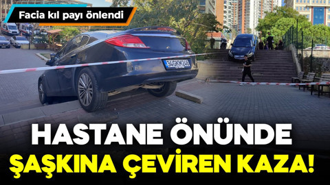 Hastane önünde şaşkına çeviren kaza! Araç merdivenlerde asılı kaldı