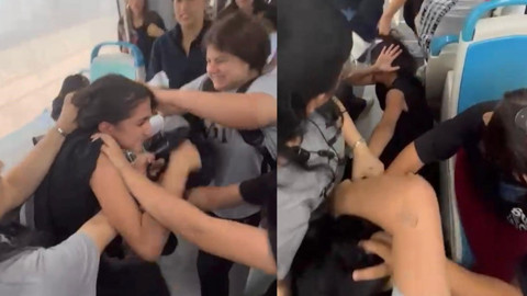Tramvayda akılalmaz görüntüler! Kız öğrenciler saç saça birbirine girdi