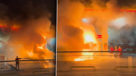 Otomobil akaryakıt istasyonuna daldı! Yakıt alan araç alev topuna döndü: Korku dolu anlar kamerada