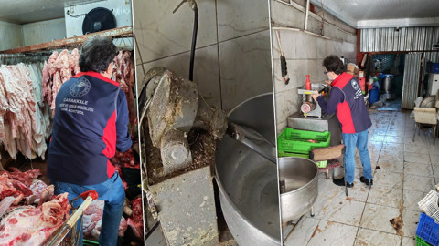 Çanakkale’de mide bulandıran görüntü! Pas tutmuş makine, çamur gibi zemin... Tonlarca et çöpe gitti