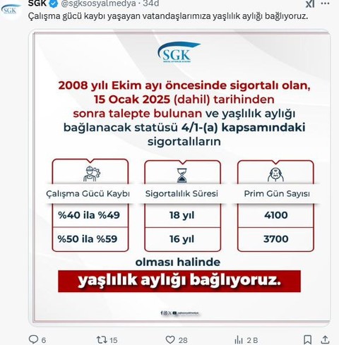 SGK açıkladı, maaş bağlanacak! İşte yaşlılık aylığı alma şartları - Resim : 1