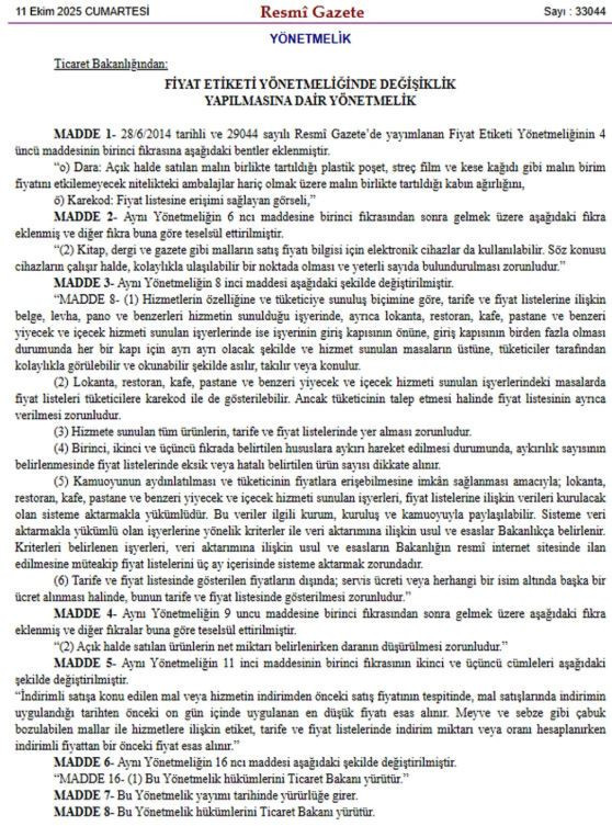 Resmi Gazete'de yayımlandı! Bugün yürürlüğe girdi! Etikette fiyat oyununa son! - Resim : 1